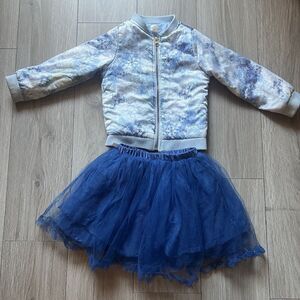 Disney Frozen Outfit Set Blue Coat Jacket + Tutu Skirt Silver Glitter 5-6T
